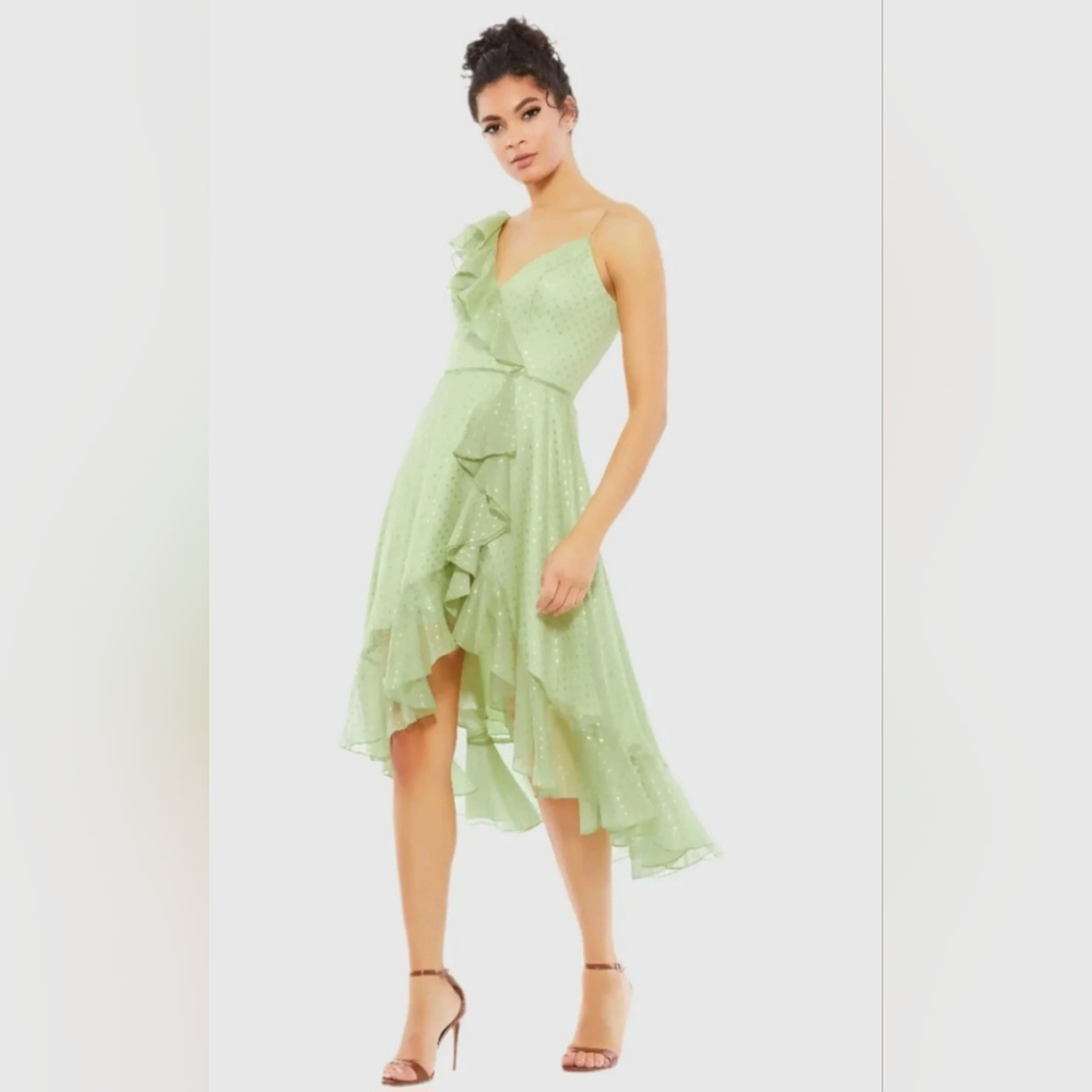 NWT Ieena for Mac Duggal Green Ruffled Faux Wrap Polka Dot Midi Dress